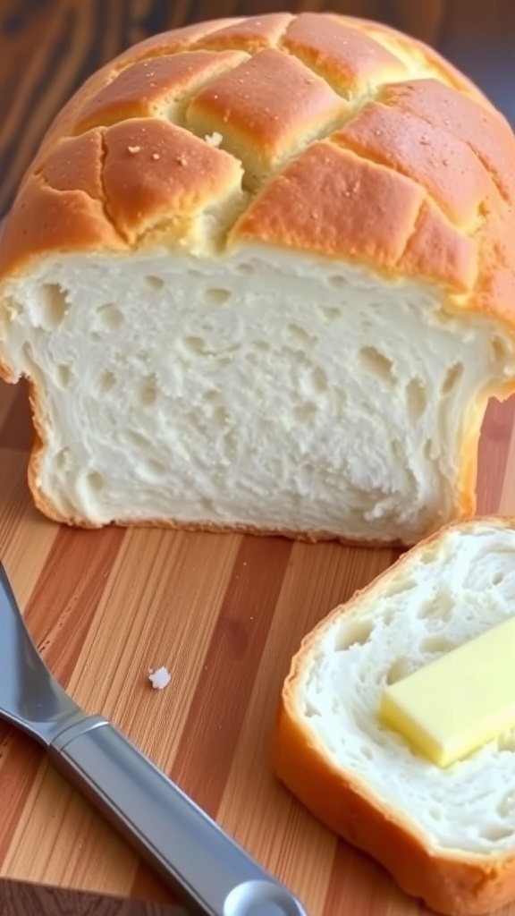 Freshly baked sandwich bread loaf, sliced to show fluffy texture, on a wooden board with butter.